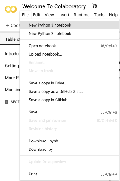 Opening a new Notebook in Google Colab