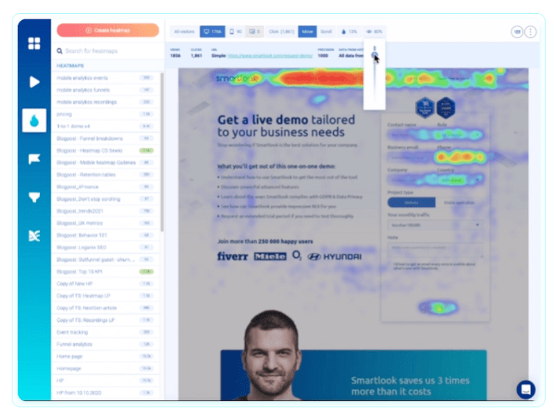 Smartlook provides Recordings, Heatmaps, Events, Funnels, and more