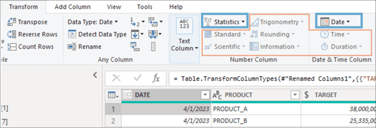 Transform tab, only those related to Date and Statics